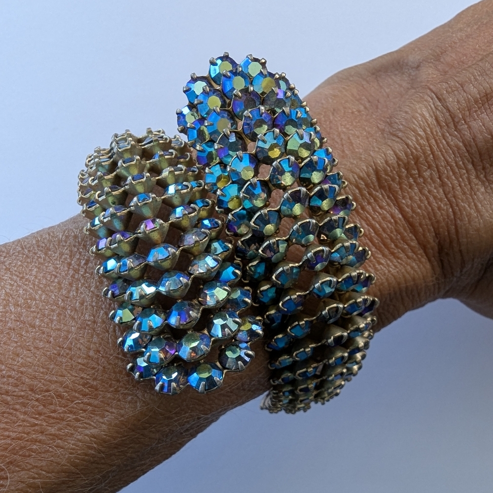 EVC Wide Unusual Peacock Blue AB Rhinestone Bypass Clamper Bracelet
